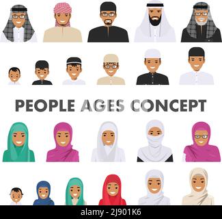 Detailed illustration of different arab people avatars icons set in the traditional national muslim arabic clothing isolated on white background in fl Stock Vector