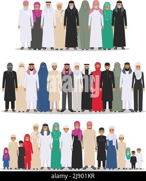 Arab men and women standing together in different traditional islamic clothes on white background in flat style. Different dress styles. Flat design p Stock Vector