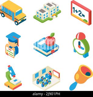 School, university and education isometric 3d flat icons. Bus and building and microscope, diploma and bell, book and apple, vector illustration Stock Vector