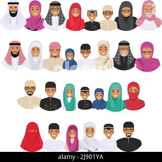 All age group of arab man family. Generations man. Arab people father, mother, grandmother, grandfather, son and daughter in traditional islamic cloth Stock Vector