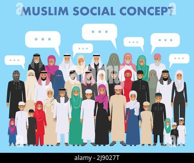 Arab men and women standing together in different traditional islamic clothes on white background in flat style. Different dress styles. Flat design p Stock Vector