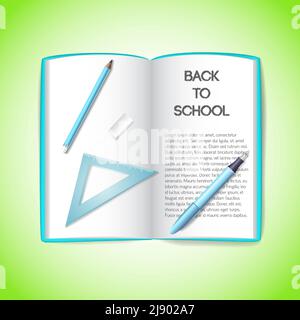 Education light template with book pencil pen ruler on green background isolated vector illustration Stock Vector