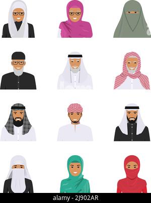 Detailed illustration of different arab people avatars icons set in the traditional national muslim arabic clothing isolated on white background in fl Stock Vector