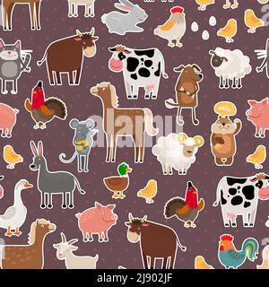 Farm animal and pets stickers pattern. Cow and sheep, pig and horse Stock Vector