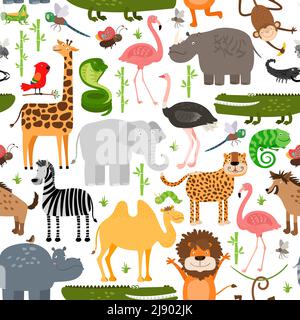 Jungle animals seamless pattern. Crocodile and wild safari, monkey and snake, lizard and camel, rhinoceros and hippopotamus, vector illustration Stock Vector