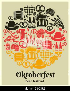 Oktoberfest Beer Festival label in the German national colors in a round design with German beer in bottles  can  tankard  glass  keg or cask  barrel Stock Vector