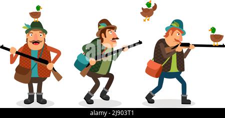 Vector hunter with gun. Weapon and shotgun, hunting sport, duck and shooter Stock Vector