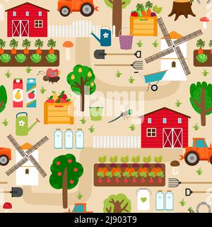 Farm seamless pattern with tractor and beds, apple trees and mill, pear trees and beds of vegetables. Vector illustration Stock Vector