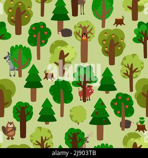 Seamless pattern of green trees with animals. Hedgehog, wild boar, squirrel, wolf, beaver and deer. Vector illustration Stock Vector