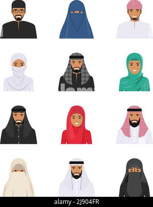Detailed illustration of different arab people avatars icons set in the traditional national muslim arabic clothing isolated on white background in fl Stock Vector