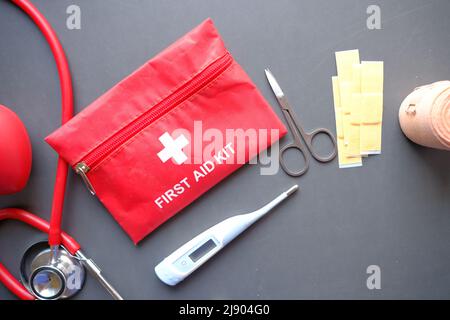 top view of first aid kit on black background  Stock Photo