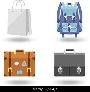Set of four baggage vector illustrations with a white paper carrier or shopping bag  suitcase with labels  briefcase and backpack or rucksack Stock Vector