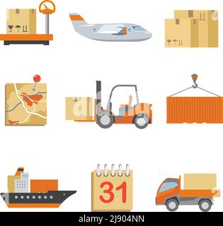 Logistics icons set in vintage flat style. Truck and shipping, cargo and transport, box delivery. Vector illustration Stock Vector