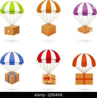 Set of Colored Parachute Carrying Brown Boxes for Delivery  Isolated on White Background. Stock Vector