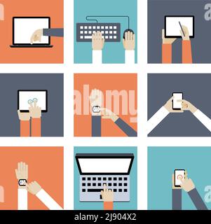 Colored Hands Holding Digital Devices such as Laptop  Mobile Phones  Tablets and Keyboard  in Flat Style Graphic Designs. Stock Vector