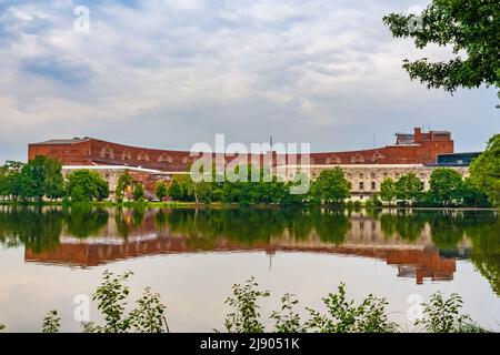 Panoramic view of the Documentation Center and the Congress Hall on the former Nazi party rally grounds with the artificially created pond... Stock Photo