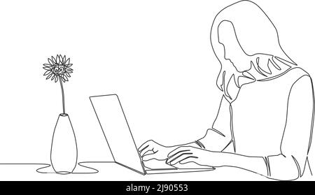 single line drawing of woman using laptop computer, line art vector illustration Stock Vector