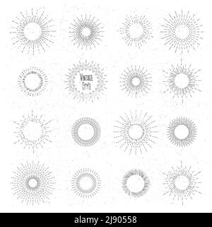 Retro hand drawn sunburst set. Sun ray frames in vintage hipster style. Badge and burst, ray graphic, vintage design, collection element radial. Vecto Stock Vector