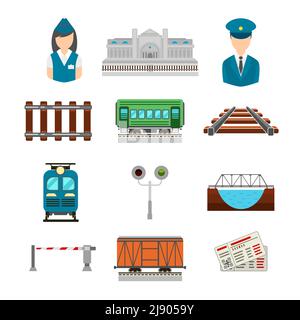Vector set of railroad icons in flat style. Bridge and gate, ticket and railway station, driver and conductor, platform transportation illustration Stock Vector