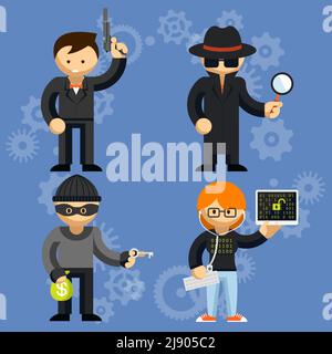 Set of colored cartoon vector characters involved in criminal activities with a man wielding a handgun  burglar  detective and hacker Stock Vector