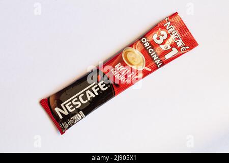 Bern, Switzerland - May 10, 2022:  sticks of Nescafe 3 in 1 Original, Instant Coffee with cream and sugar Stock Photo