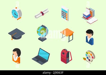 Education and School isometric 3d icons set in flat style Stock Vector