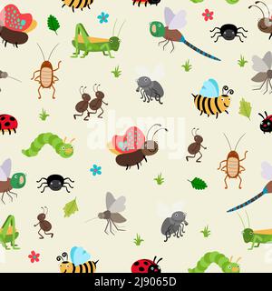 Seamless background bugs and beetles, ant and caterpillar, grasshopper. Vector illustration Stock Vector