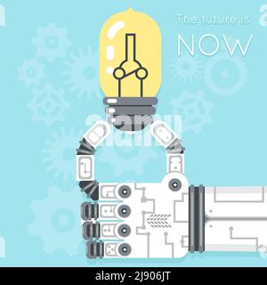 Future is now. Robot hand holding light bulb. Electricity creativity, equipment innovation, vector illustration Stock Vector