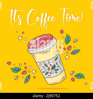 Coffee to go. Thermo cup for take away coffee. Tumblers with cap, handle and straw. Reusable cups and thermo mug. Vector thermos illustrations Stock Vector