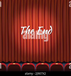 Movie ending screen vector concept background in cartoon style. Curtain close theater, end or finish, show or entertainment illustration Stock Vector