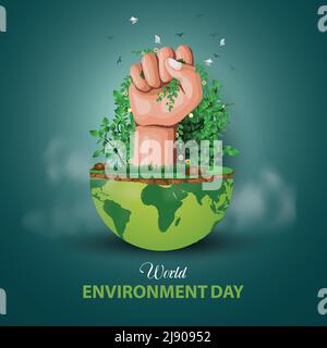 happy world environment and earth day. big hand holding plants with half global map. vector illustration design Stock Vector
