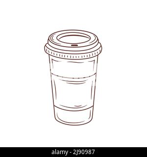 Vector illustration. Hand drawn doodle of disposable paper cup with coffee or tea. Cartoon sketch. Decoration for menus, signboards, showcases Stock Vector