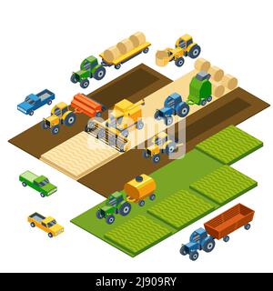 Isometric agricultural equipment, farm tractors, combain, trailers and pickup. Transportation pickup, field nature landscape, harvest and grain, lawn Stock Vector