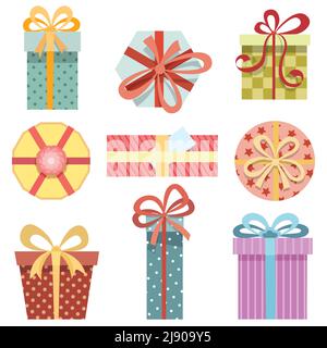 Vector present boxes. Set of gift boxes in different shapes and different wrapping paper on a white background Stock Vector