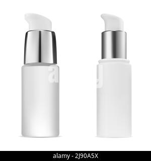 Cosmetic serum pump bottle. Glass container mockup for skin foundation. Mini dispenser jar template with airless pump. Face cream product dispenser wi Stock Vector