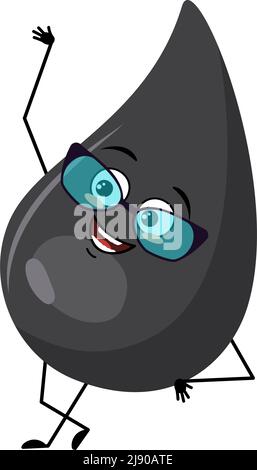 Cute fuel or gasoline drop character with glasses and happy emotion, face, smile eyes, arms and legs. Fluid man with funny expression, black oil man. Vector flat illustration Stock Vector