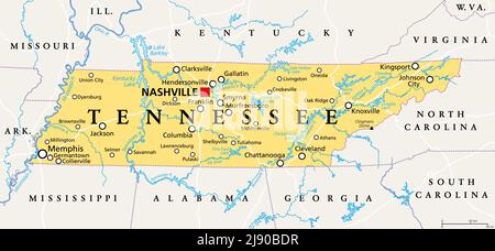 Tennessee, TN, political map, with capital Nashville, largest cities, lakes and rivers. State of Tennessee. Landlocked state in Southeastern US. Stock Photo