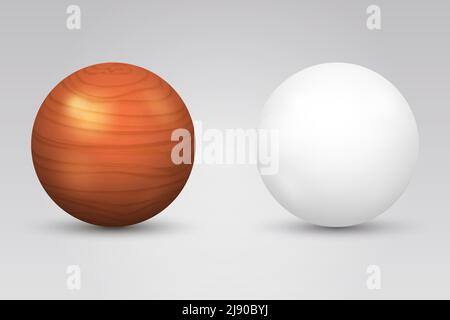 Realistic white ball and wooden sphere. Round shape, geometry globe figure, vector illustration Stock Vector