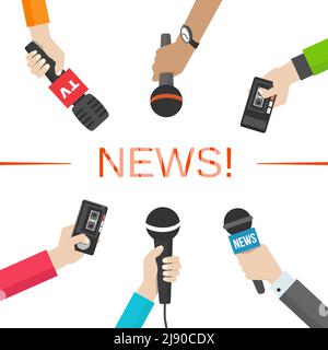 Set of hands holding microphones and voice recorders. News and journalism concept. Vector illusatration Stock Vector