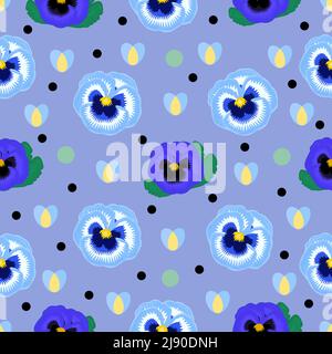 Blue pansies with hearts and dots, seamless pattern Stock Vector