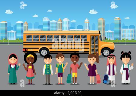 Multinational kids going to school. Arabic japanese chinese group, happy smile childhood, vector illustration Stock Vector