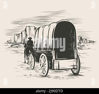 Old wagon in wild west prairies. Pioneer on horse transportation cart, vector illustration Stock Vector