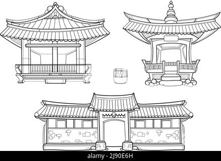 Hanok Korean traditional architecture vector outline set. Palace house, architecture asia village culture, asian home illustration Stock Vector