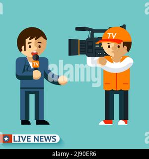 Journalists shoot a video report on the air. Live news. Vector illustration Stock Vector