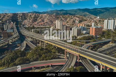 CARACAS, VENEZUELA - MAY 2022 - Aerial panoramic view of the La Arana distributor, Panoramic View of Francisco Fajardo highway in Caracas, Venezuela Stock Photo