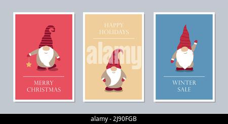 set of christmas greeting cards with cute funny gnome Stock Vector