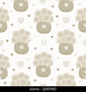 Beige roses in vases on light beige background, seamless pattern Stock Vector