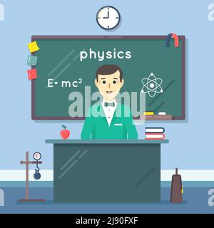Teacher teaching physics in his classroom with students flat character ...