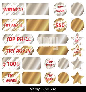 Scratch card elements. Win game lottery prize, grunge effect,  vector illustration Stock Vector