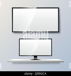 Lcd monitor and empty white flat TV screen. Display blank, technology digital, electronic equipment. Vector illustration templates Stock Vector